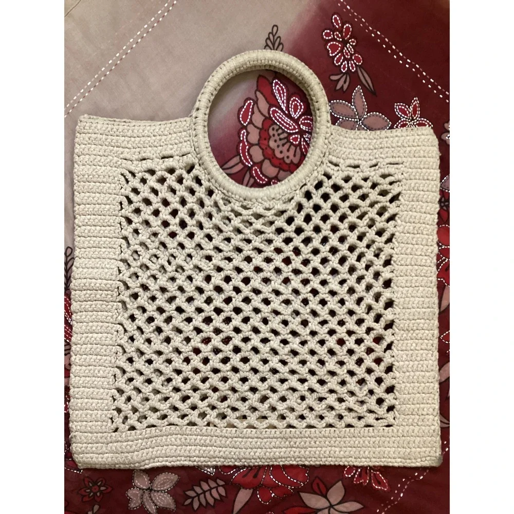 Mizele‎ Crochet Tote Bag Cream Handmade Boho Net Top Handle Bag